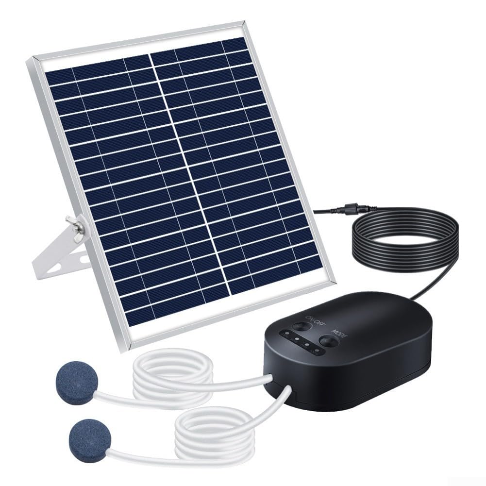 Aeratore per acquario, pompa solare da 15 W con tubo e pietra d'aria, 3 modalità tra cui intermittente, alta e resistenza, batteria di riserva per funzionalità notturne