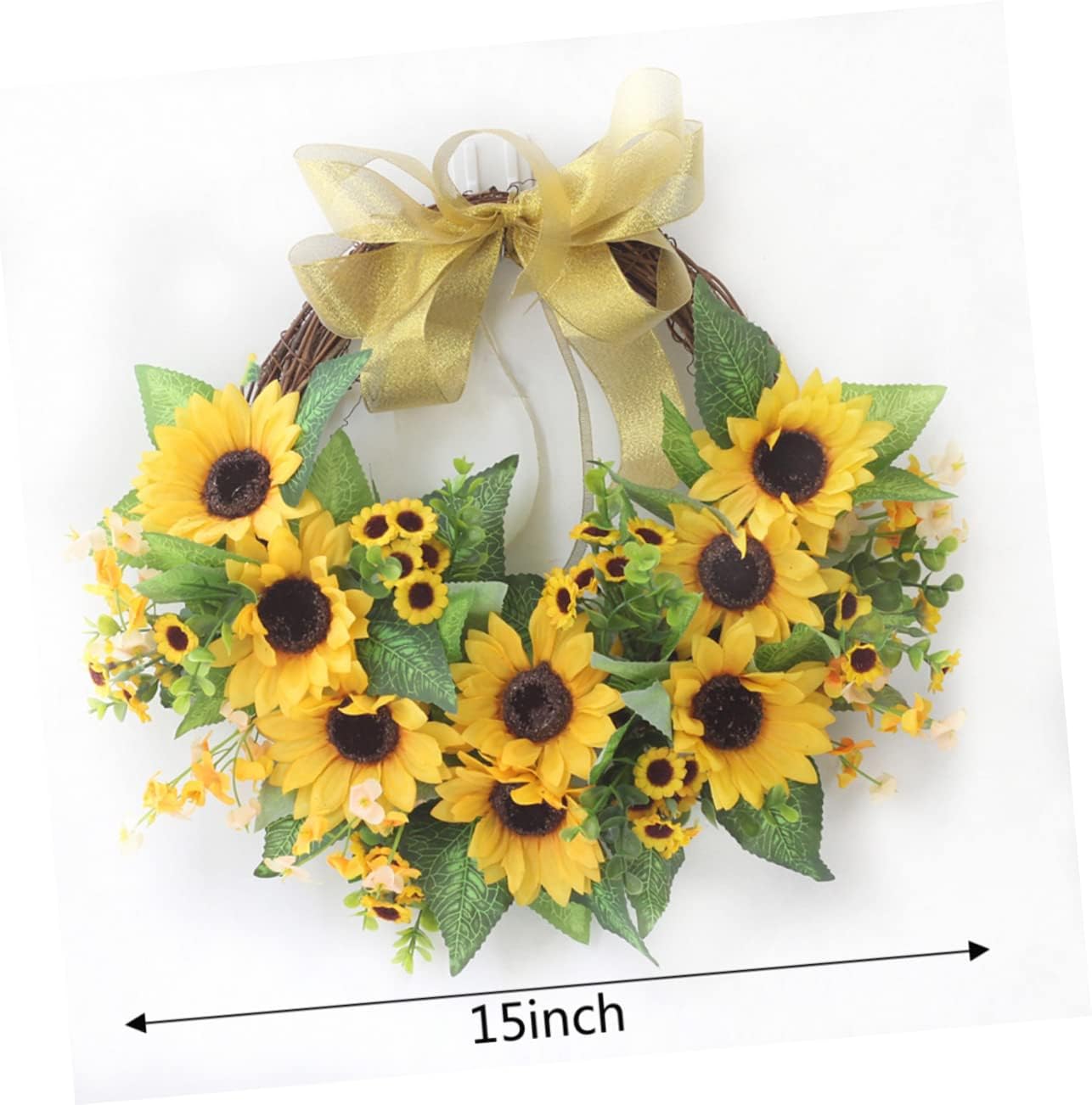 Cabilock Sunflower Wreath with Bowknot Artificial Floral Front Door Decoration Yellow Greenery Garland for Home Farmhouse Outdoor Wedding Decor