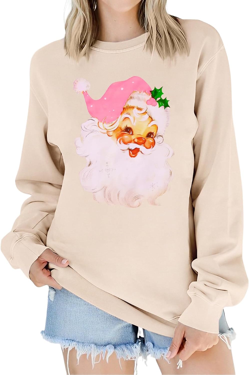 CM C&M WODRO Women Christmas Santa Sweatshirt Retro Santa Claus Shirt Crewneck Long Sleeve Xmas Sweater Holiday Pullover Tops