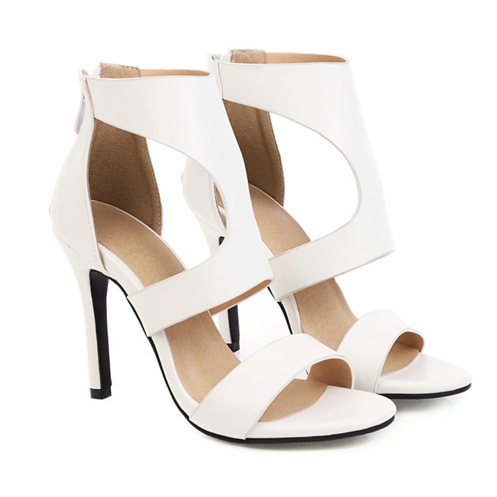 Sandalias de tacón Stiletto con Corte Grande de 10CM, puño en el Tobillo, Cremallera Trasera y Punta Abierta