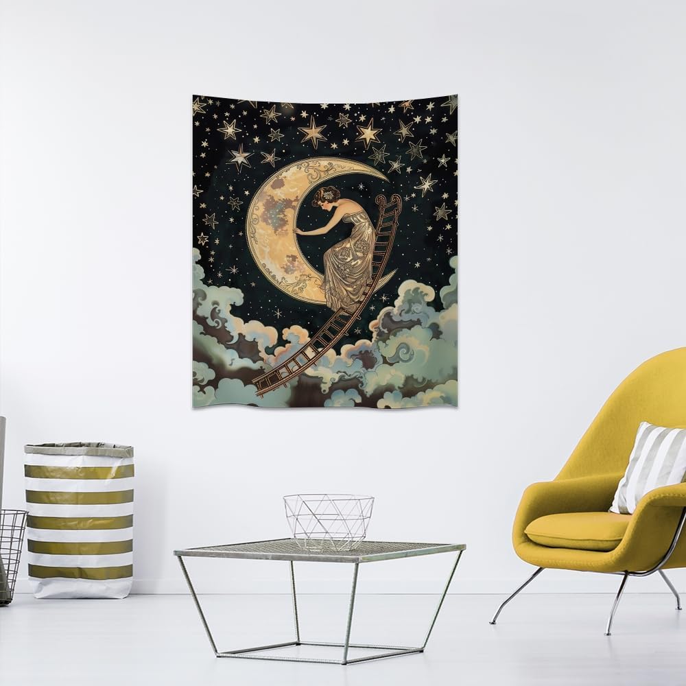 BZWAPQ Dark Vintage Aesthetic Celestial Goddess Tapestry Boho Ladder to The Moon and Stars Print Tapestries Gothic Art Nouveau Wall Hanging Decor for Living Room Dorm Apartmentwhite30x40inch