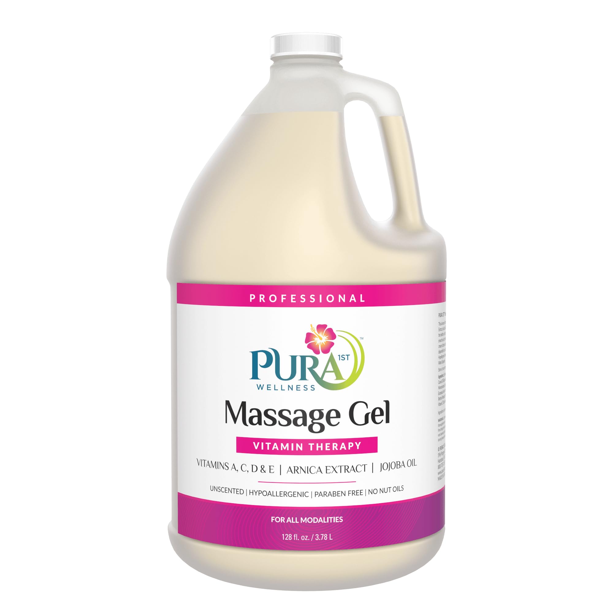 PURA 1ST Professional Vitamin Therapy Massage Gel, Arnica & Jojoba Extract, Unscented, Hypoallergenic, Natural, Skin Moisturizing and Hydrating, Deep Tissue, Wellness, Physical Therapy, 128 Oz Bottle
