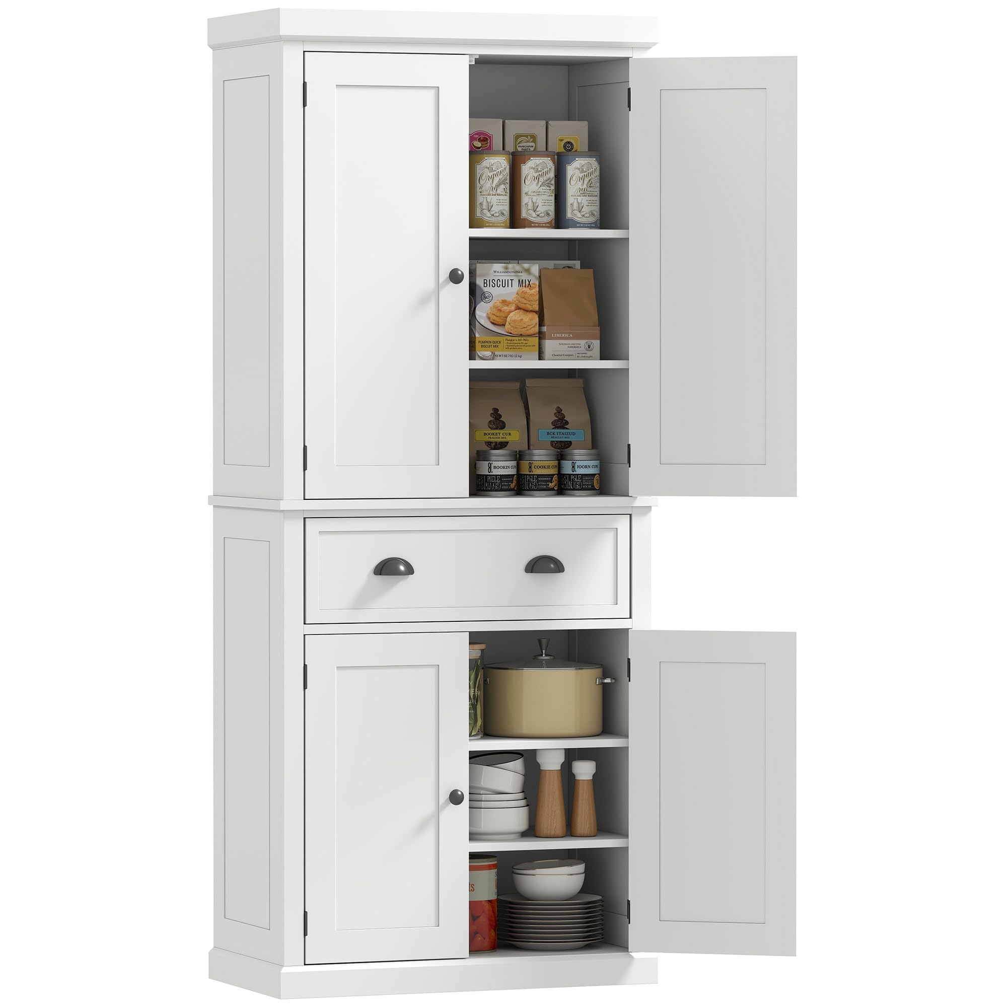 HOMCOM 72.5" Kitchen Pantry Cabinet, Traditional Freestanding Storage Cabinet with 4 Doors, Drawer and 3 Adjustable Shelves for Dining Room, White