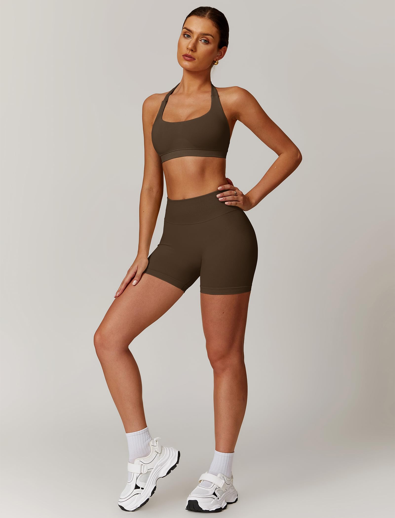 Odizli Sujetador deportivo para mujer + pantalones cortos de cintura alta, dos piezas, gimnasio, entrenamiento, yoga, fitness, ropa deportiva