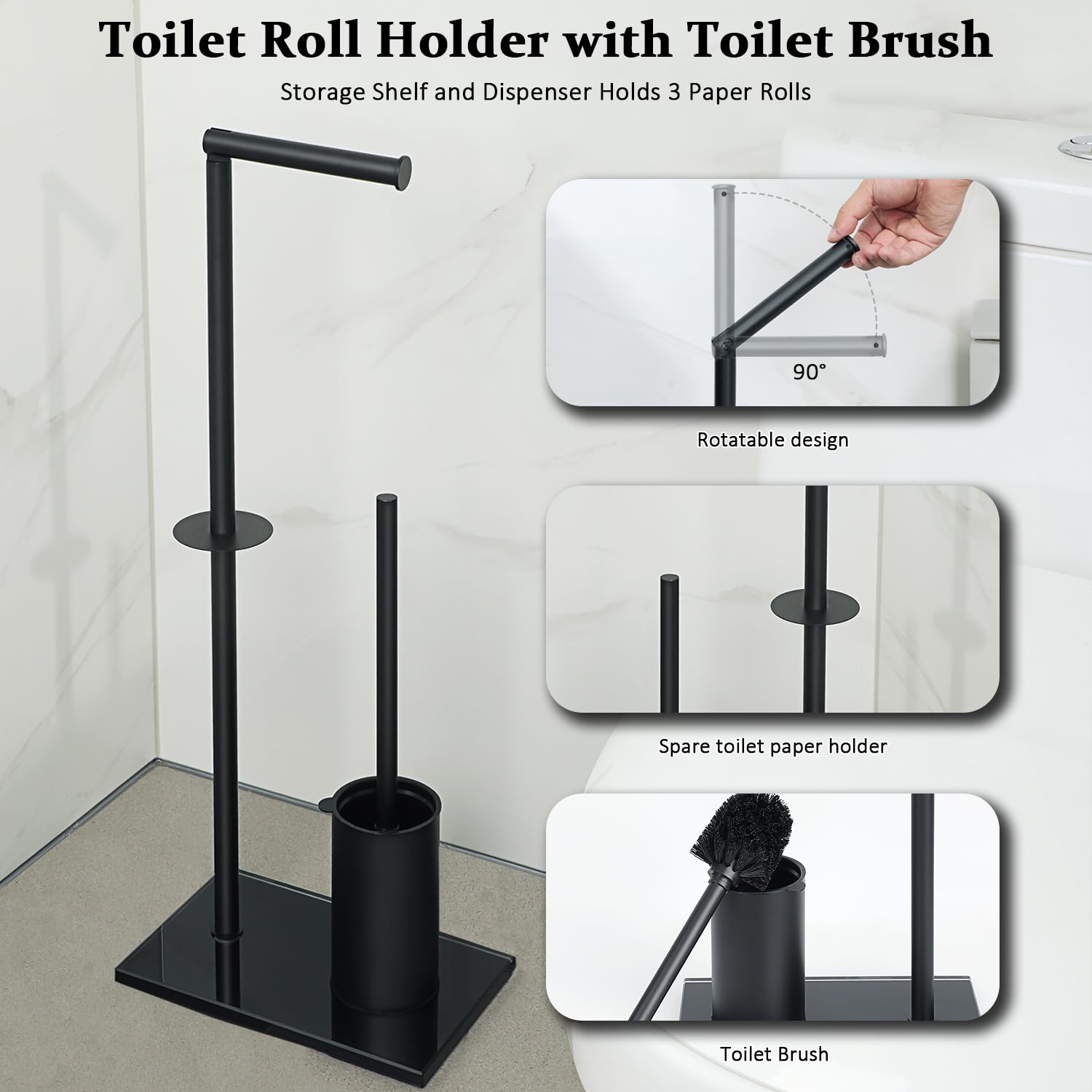 Portarotolo Carta Igienica Da Terra Sayayo - Acciaio Inox, Base Vetro, Altezza 58 Cm, Nero - Foto 12