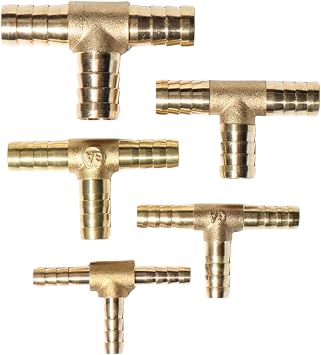 2 pcs tee barb fittings for 1/2 (12mm) inner diameter hoses, 6 stainless steel pipe clamps, T-tee union intersections/split brass water/fuel/air(T type 1/2(12mm)