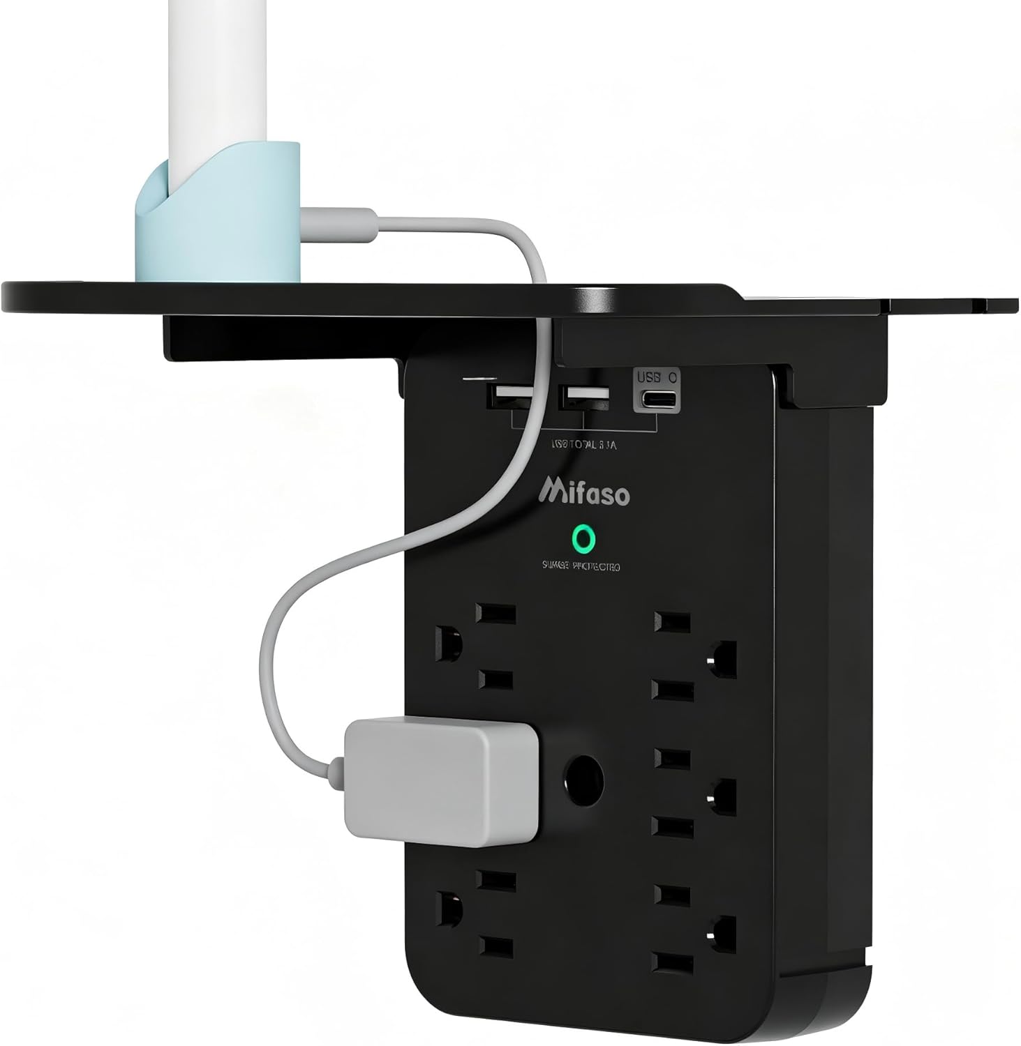Wall Outlet Extender with Surge Protector, 6 AC Outlets, Shelf, 2 USB & USB C Charging Ports - Home & Dorm Plug Expander