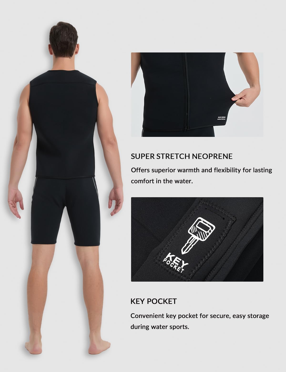 Lemorecn Combinaison en néoprène pour homme et femme - 3 mm - Sans manches - Fermeture éclair avant - Gilet en néoprène pour sports nautiques