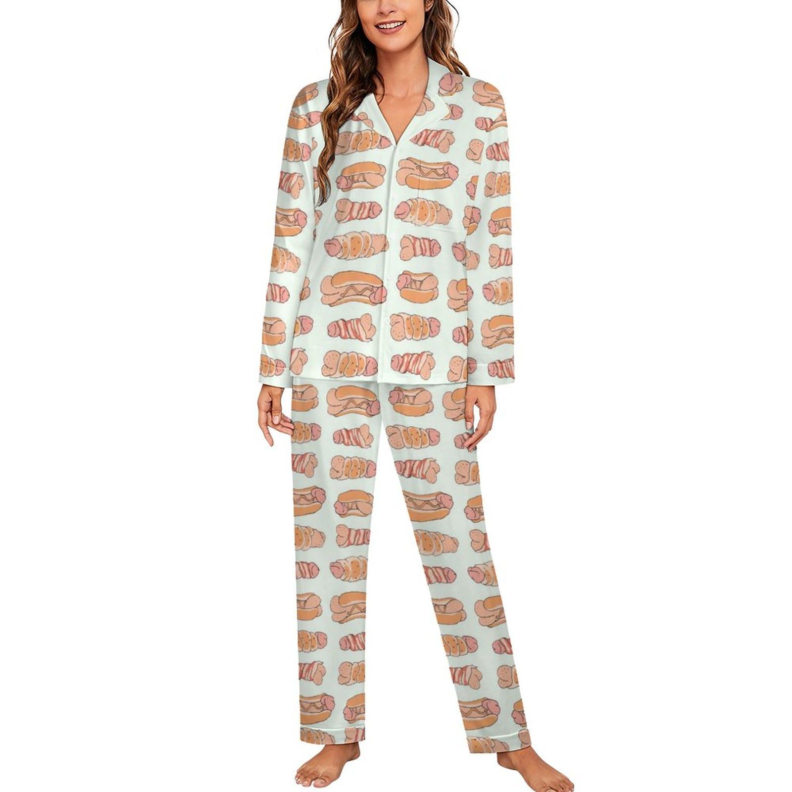 Happy Penis Dick Sweet Bacon Wrapped Womens Pyjamas Set Long Sleeve Pjs Sets Pajama Sets Sleepwear Loungewear 2XL