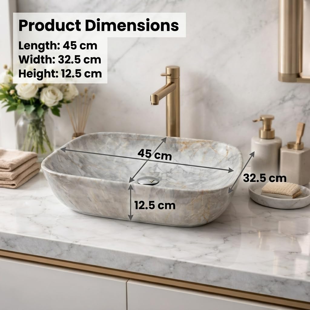 Vivatra Ceramic Tabletop Wash Basin β Glossy Rectangular Countertop Vessel Sink with Marble Finish for Bathroom & Vanity | Compact 18 x 13 x 5 Inch | Elegant Washbasin (VT_WB_LC01_023)