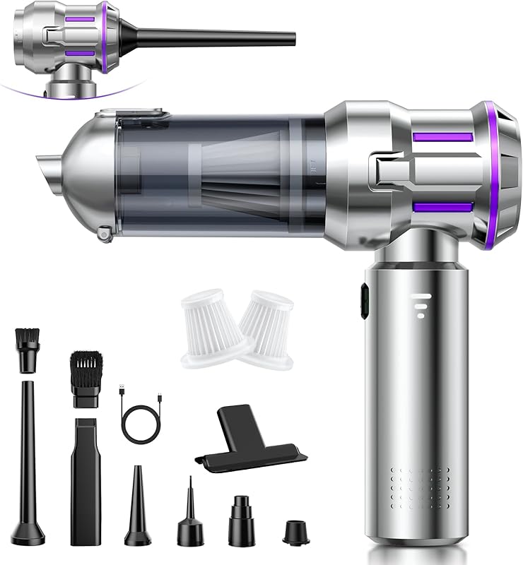 Aspirateur à Main, 25000Pa Aspirateur sans Fil avec Vidage Automatique 1 Touche, 4 en 1 Mini Aspirateur Voiture avec Moteur sans Balai, 3 Niveaux pour Poils d'Animaux, Voiture et Ménage, Argent