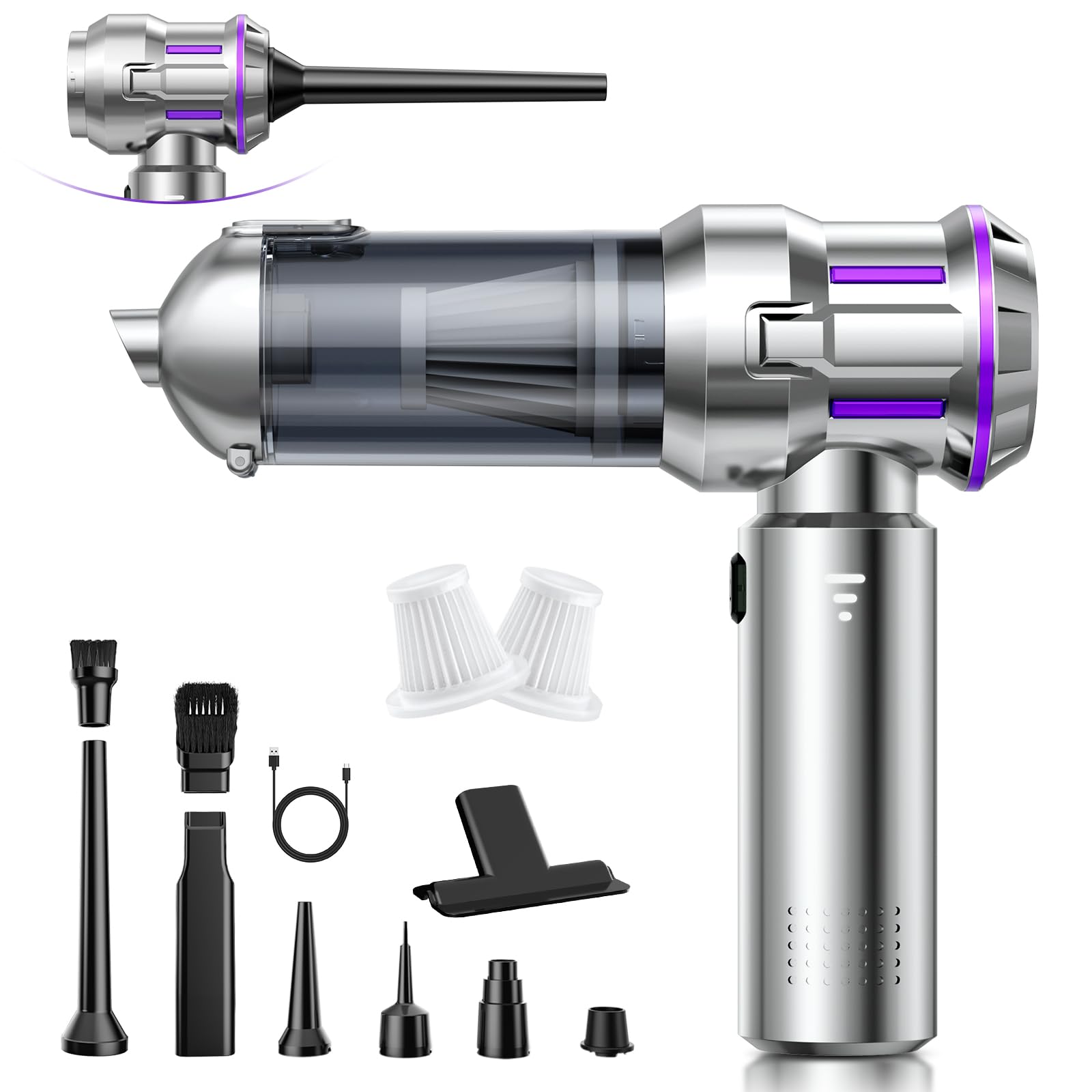 Aspirabriciole Senza Fili, 25000Pa Aspirapolvere Auto, Scarico Polvere Automatico a un Tocco & 4 in 1 Aspirazione con Motore Brushless, Aspirabriciole a 3 Velocità,Ideale per Peli di Animali,Auto,Casa