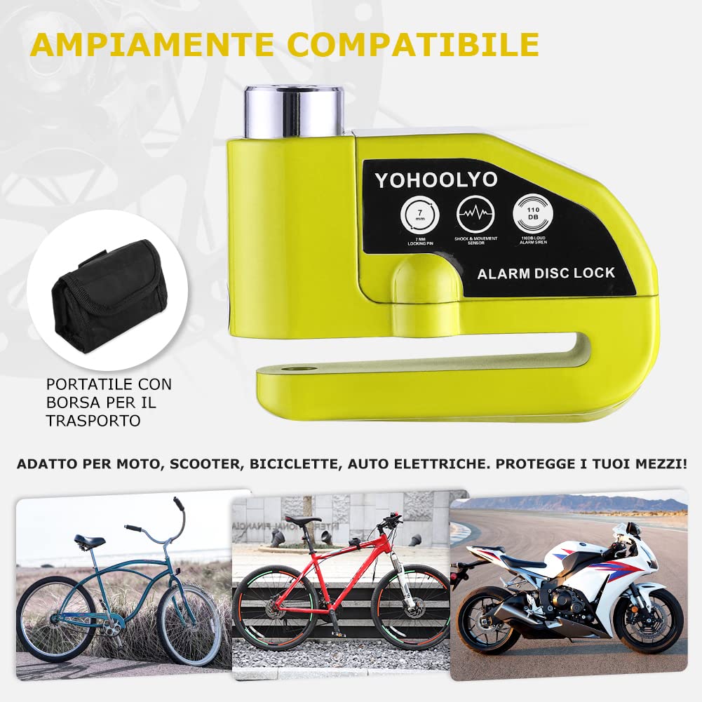 YOHOOLYO Bloccadisco Moto Antifurto con Allarme Sonoro 110DB, Accessori di Protezione 2 Chiavi, 1.5m Reminder per Motorino Motocross