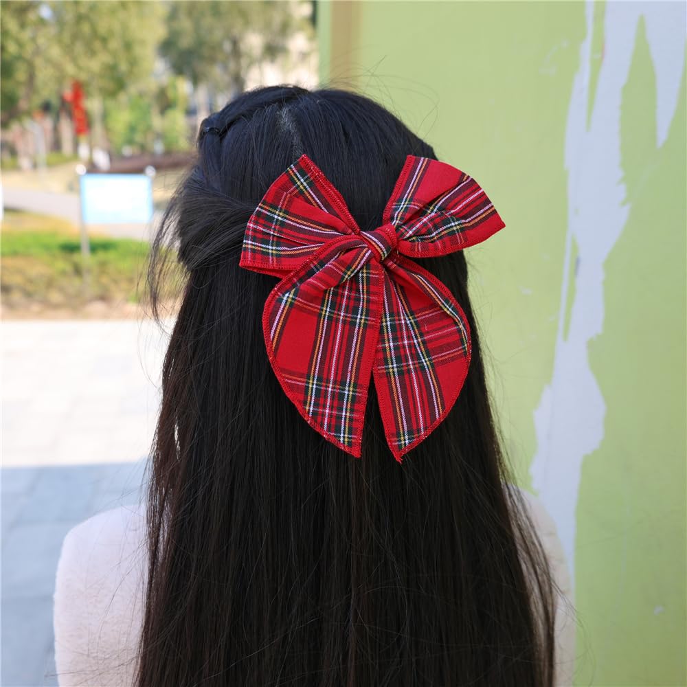 Set of 6 Tartan Bow Hair Clips for Baby Girl and Mom Women Plaid Headbands Scrunchies Scottish Hair Bows for School Girls (6 pcs Tartan Red) - Image 4