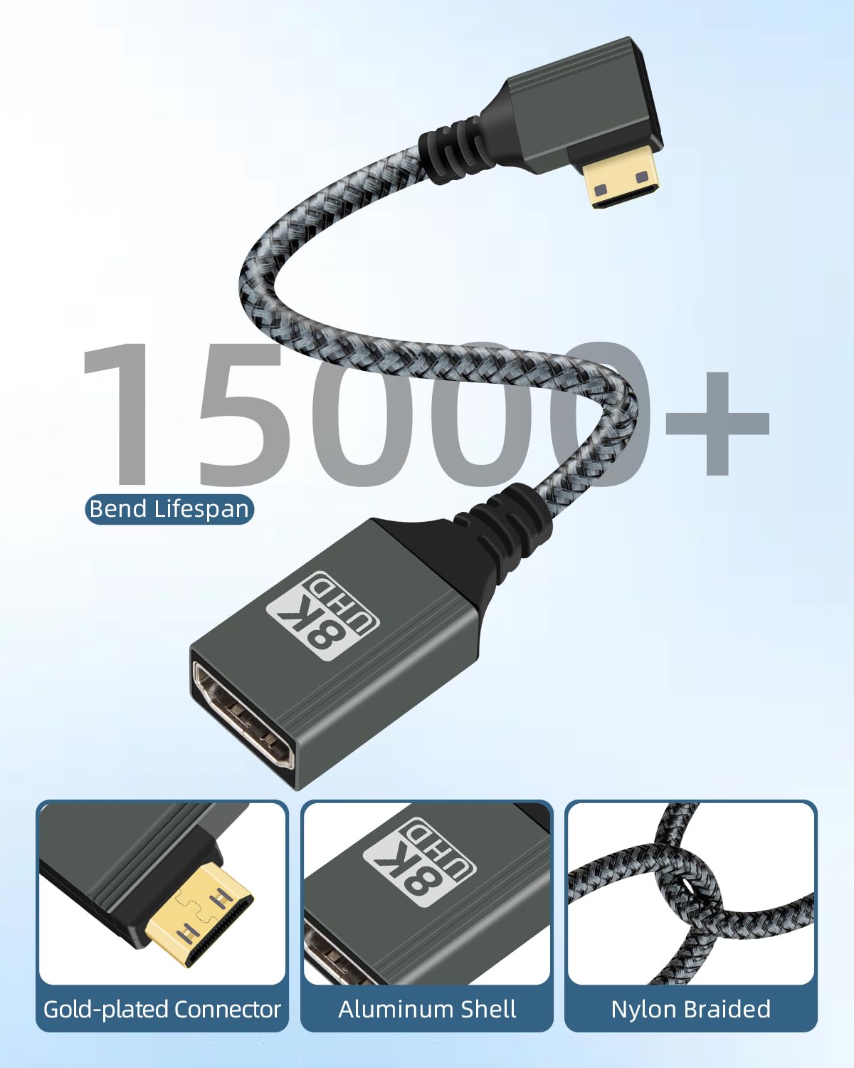 GELRHONR Adapter 8K Mini HDTV na HDTV 2.1, 8K przy 120 Hz 4K przy 60 Hz męski na żeński nylonowy pleciony krótki kabel adaptera do aparatu, Ras//Raspberry Pi, laptopa, telewizora, monitora, 15 cm (kąt