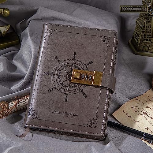 Image of Precious Princess B6 Leather Journal with Lock, Three-Digit Password Diary with Combination Lock for Girls, Boys, Adult, 7.87 X 5.51 in (Gray)