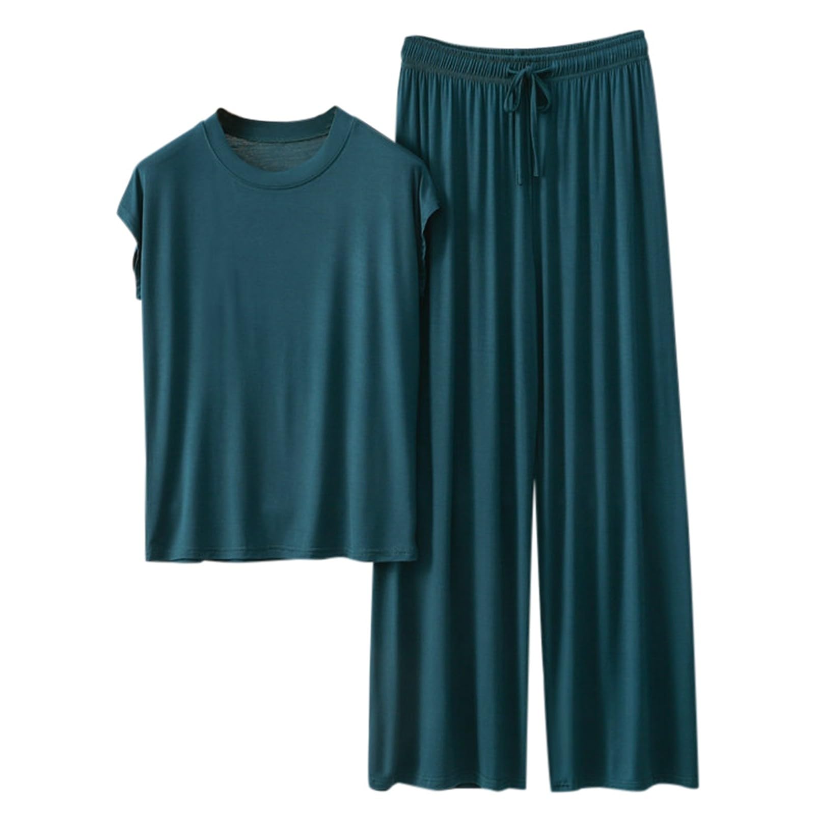 Damen Homewear Einfarbig Lockerer Pyjama Kurzarm T-Shirt Kordelzug Weite Beinhose Nachtwäsche 2-teiliges Set