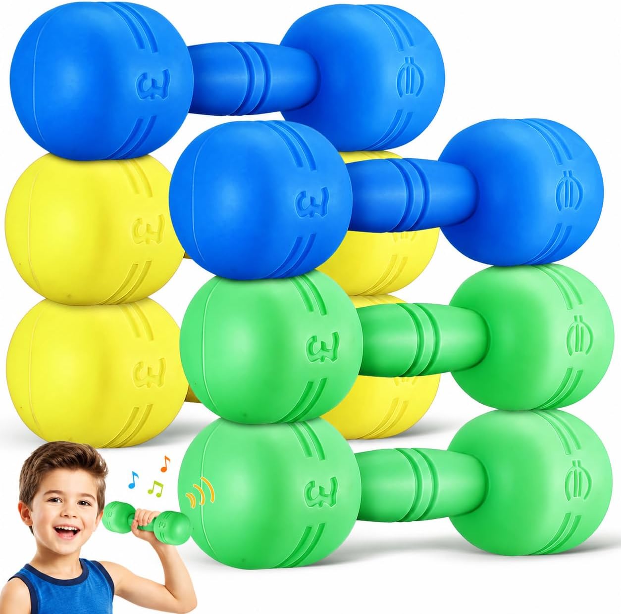 Toddmomy 3 Pairs Kids Dumbbell Set with Sound, Interactive Plastic Hand Weights for Toddlers Ages 4-8, Home School PE Exercise Fitness Toy