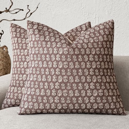 Image of Foindtower Set of 2 Decorative Vintage Floral Print Throw Pillow Covers Neutral Modern Farmhouse Cushion Covers Boho Home Decor for Sofa Couch Chair Bedroom Living Room,24x24 Inch,Wine Red