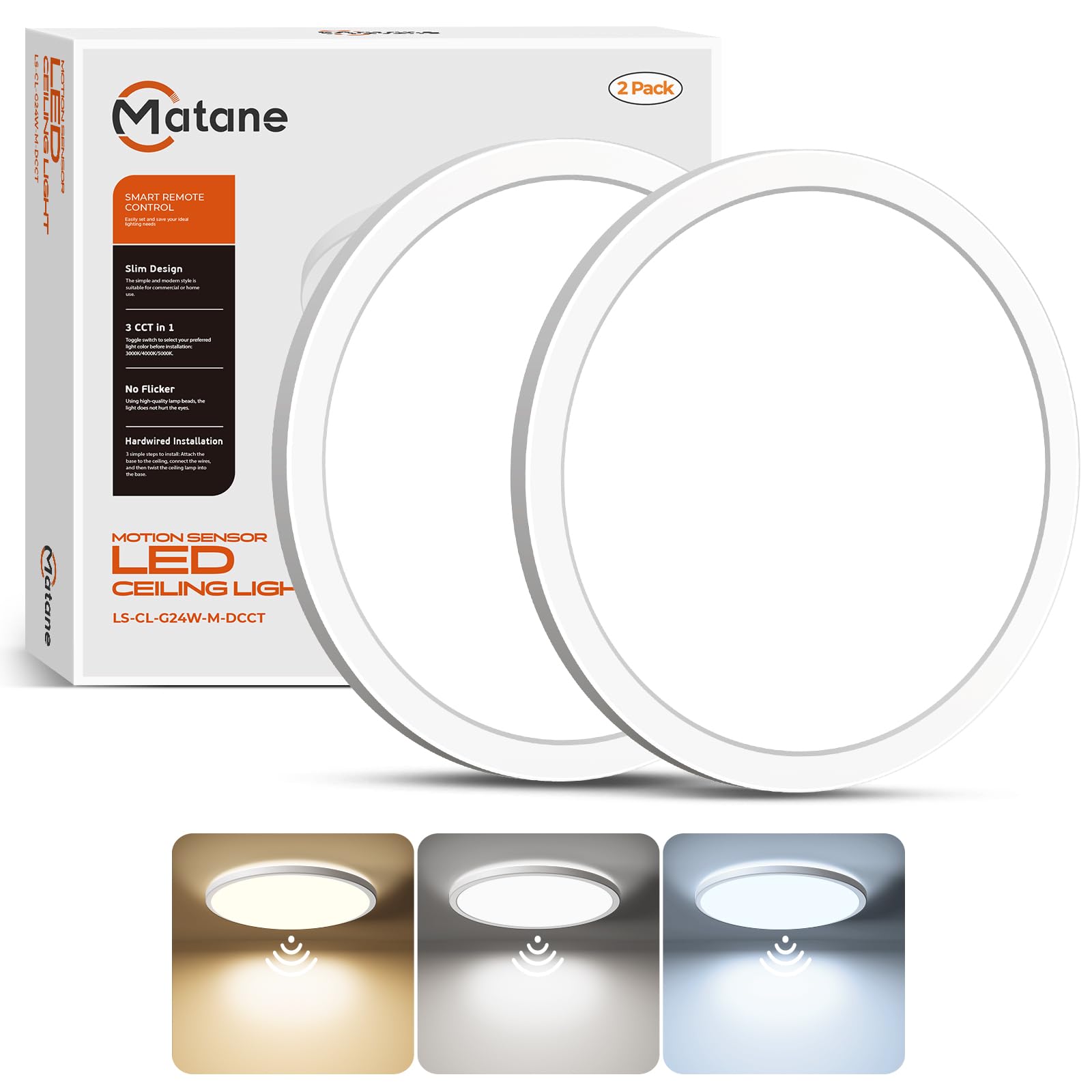 Matane 2Pack Motion Sensor LED Ceiling Light with Remote, 12 Inch Wired Flush Mount Ceiling Light 3000K 4000K 5000K, 2400LM Dimmable Motion Sensor Light Indoor for Closet Hallway Laundry Stairs White
