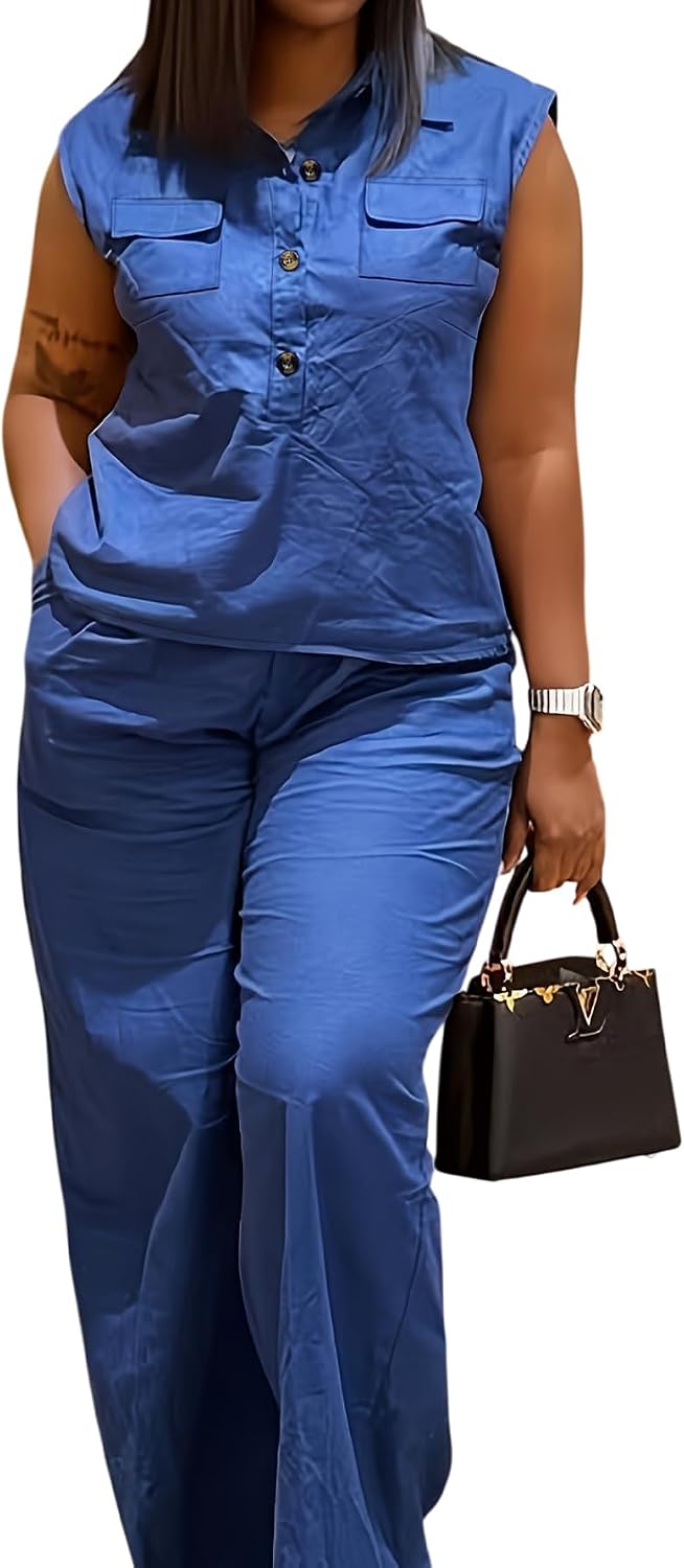 Women's Sleeveless Button-Down Shirt and Wide-Leg Pants Two-Piece Set, Blue, with Chest Pockets