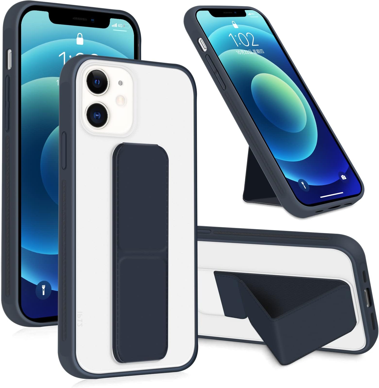 INFOSUN iPhone 12/12 Pro Case Cover, Matte Stand Foldable Kickstand Hand Grip Frosted Holder Phone Cover for 12/12 Pro 6.1 inch (Navy Blue)