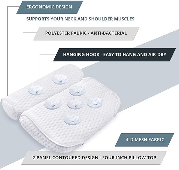 AmazeFan Bath Pillow, Bathtub Spa Pillow with 4D Air Mesh Technology and 7 Suction Cups, Helps Support Head, Back, Shoulder and Neck, Fits All Bathtub, Hot Tub and Home Spa [US. Patent Design]
