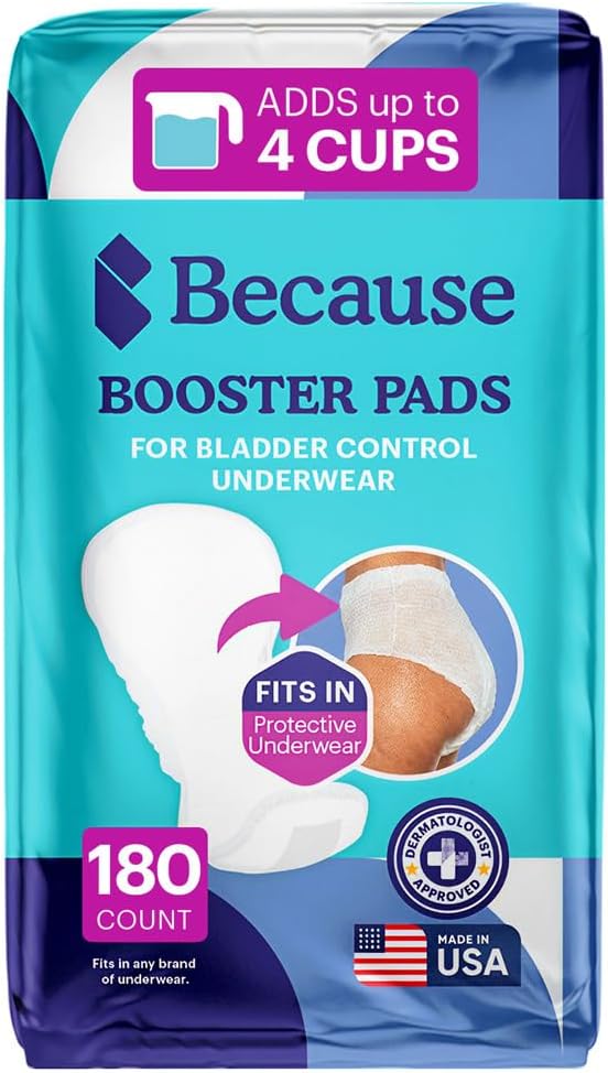 Because Overnight Booster Pads Fit All Adult Diapers, Helps Keep Your Adult Diaper Active All Night, Adds 4 Cups to Incontinence Underwear, Extra Absorbency, 180 Count (Packaging May Vary)