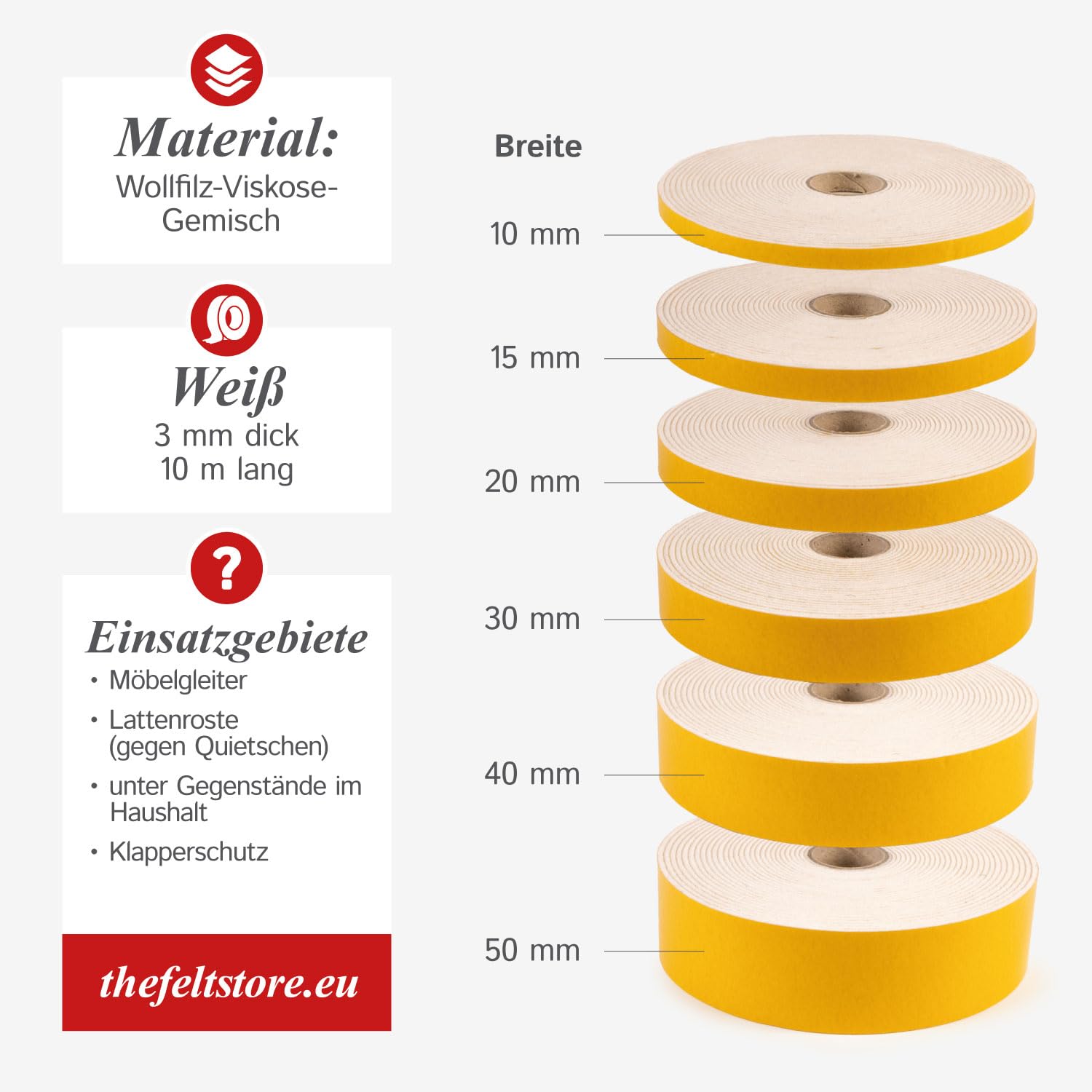 Nastro in feltro autoadesivo largo 50 mm, spessore 3 mm, lunghezza 10 m, bianco versatile, ideale come rotolo di feltro per sedie e mobili pesanti