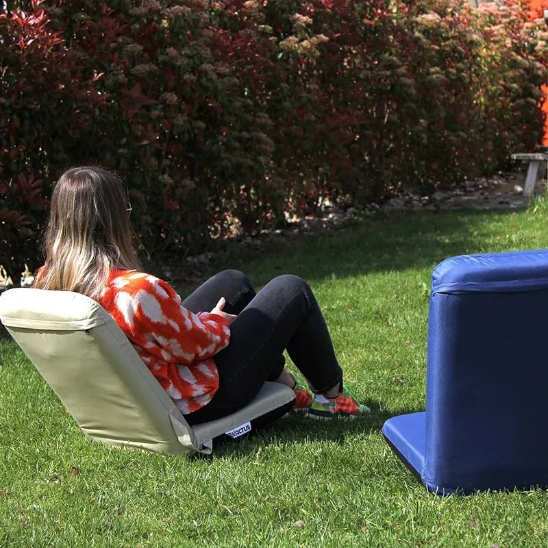 Orangemarine Siège inclinable autoportant Kactus Bleu – Dossier réglable 6 Positions – Assise rembourrée Haute densité – Chaise de Sol Pliable Camping, Plage, Bateau, Jardin (Beige)