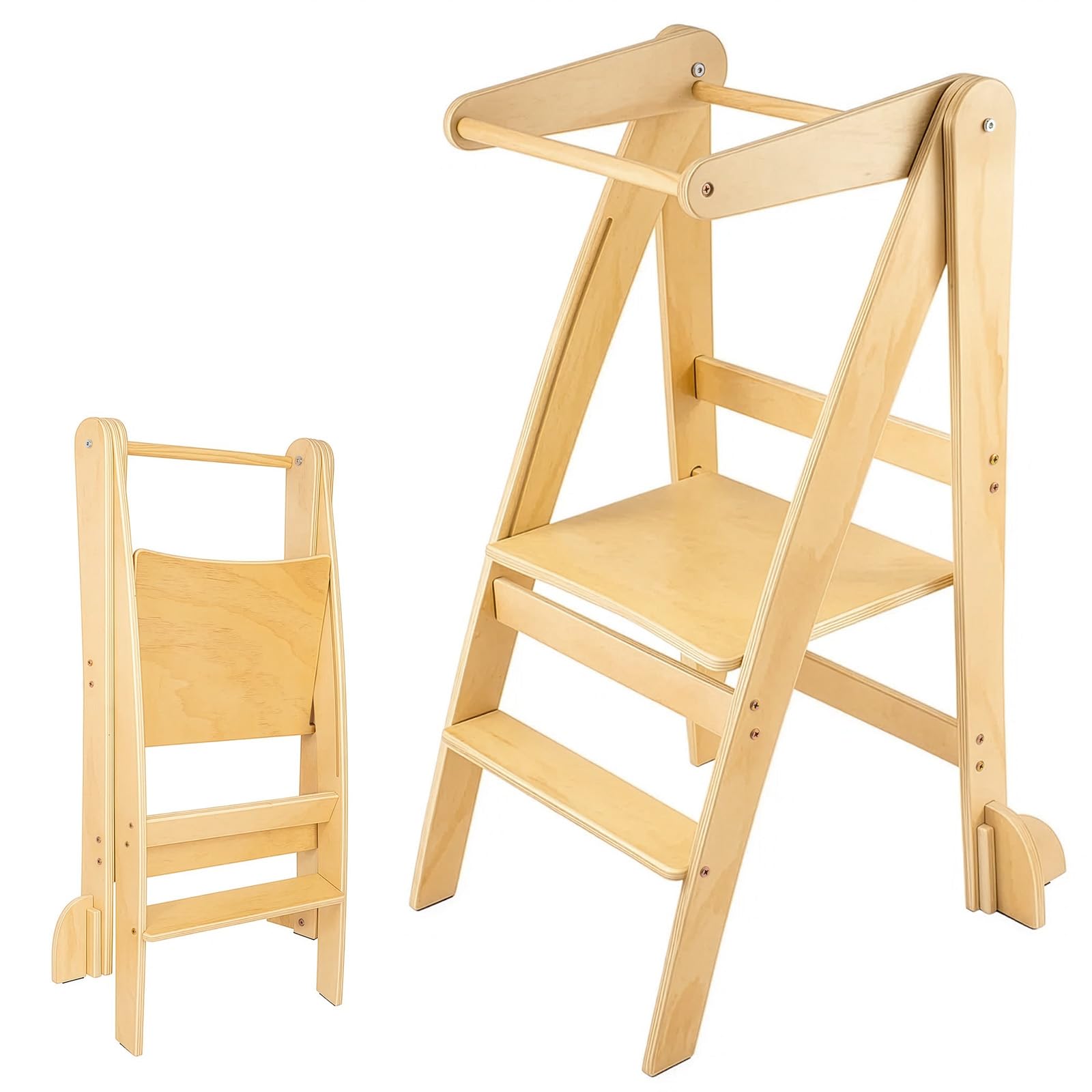 EVERGOODS Wooden Learning Tower for Kids, Foldable Step Stool with Anti-Tip Safety Design, Space-Saving Kitchen Helper Tower for Learning Activities, Kitchen and Bathroom (Brown)