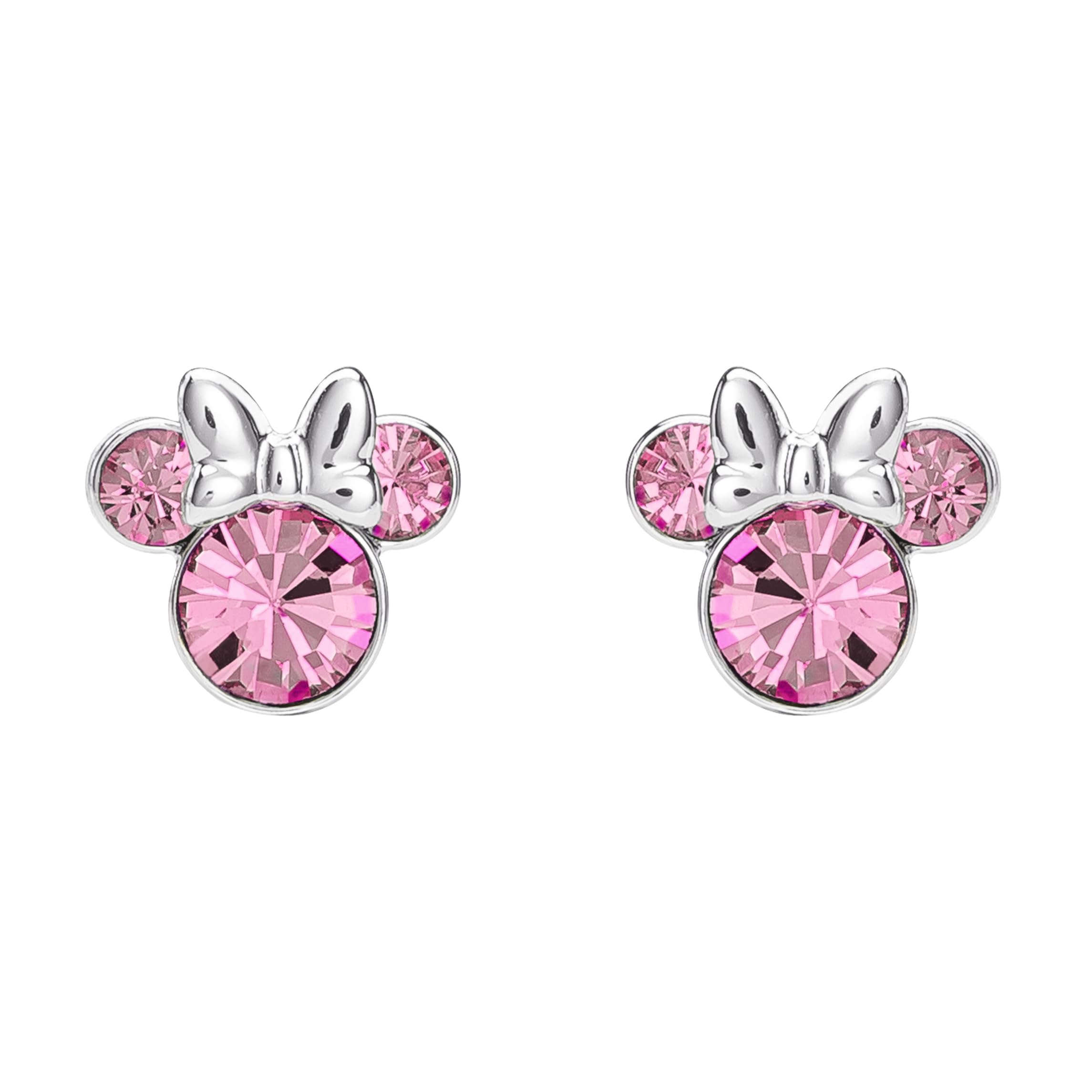 Pendientes de tuerca chapados en plata con cristal rosa de Minnie Mouse para niñas y mujeres, talla única, Chapado en plata, Sin piedra preciosa