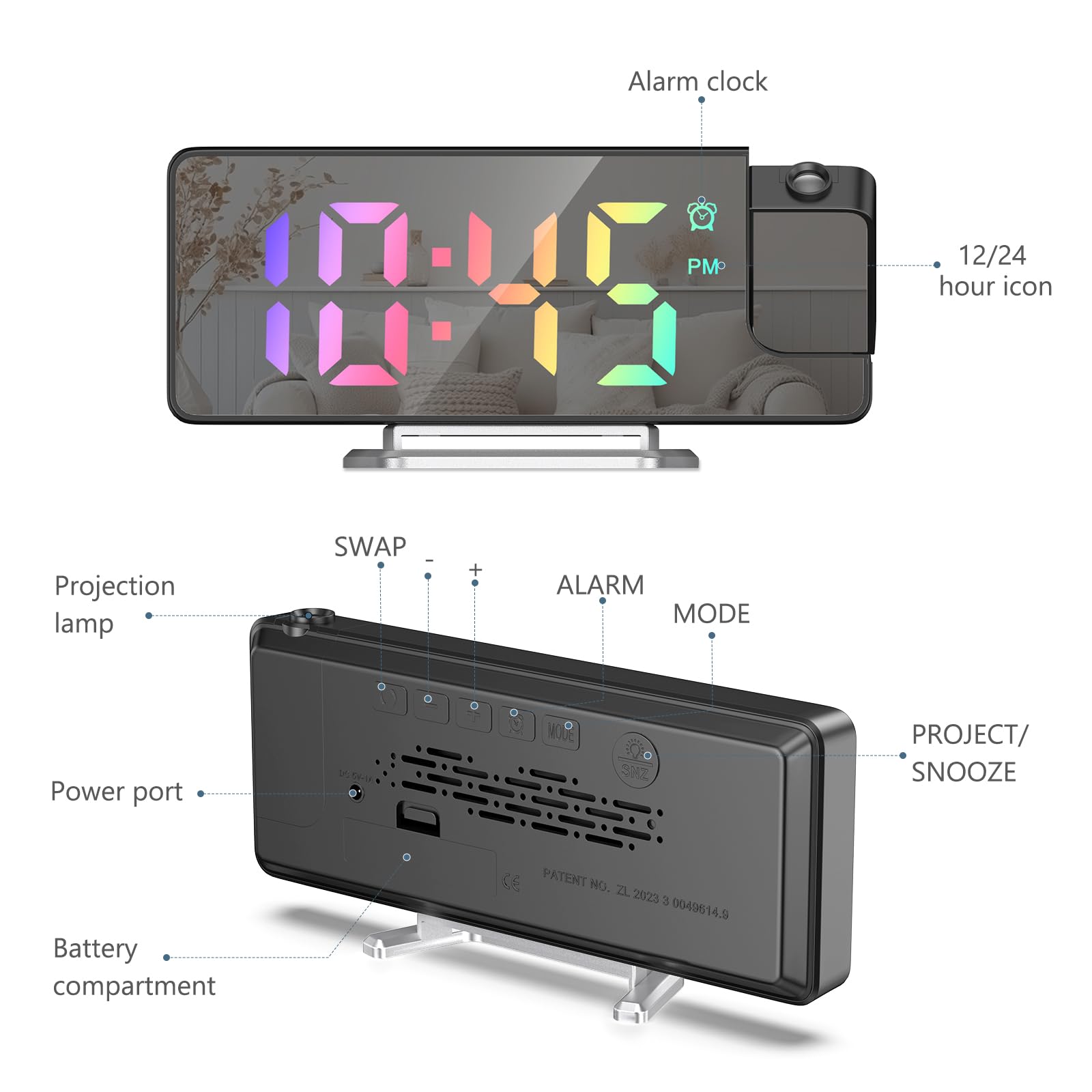 New Projection Alarm Clock, cyfrowy budzik z wyświetlaczem temperatury, 180° Flip Projection Clock, elektroniczny zegar stołowy, 3 ustawienia jasności, wyświetlacz 12/24 godzinny, kolorowy