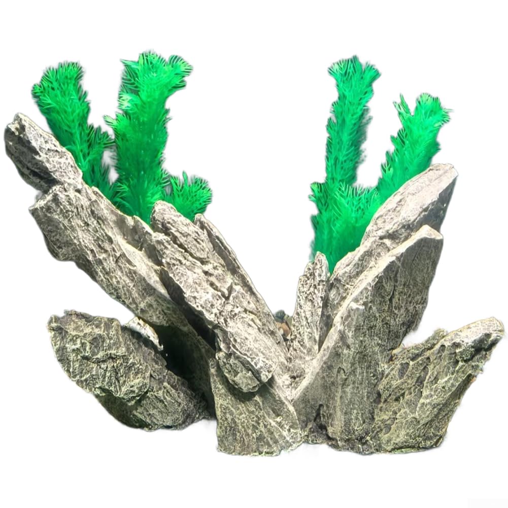 Decorazione per acquario, in resina, decorazione realistica, roccia verde per acquario, robusta pianta artificiale per nascondiglio per creature acquatiche, 36 x 8 x 26 cm (9917)