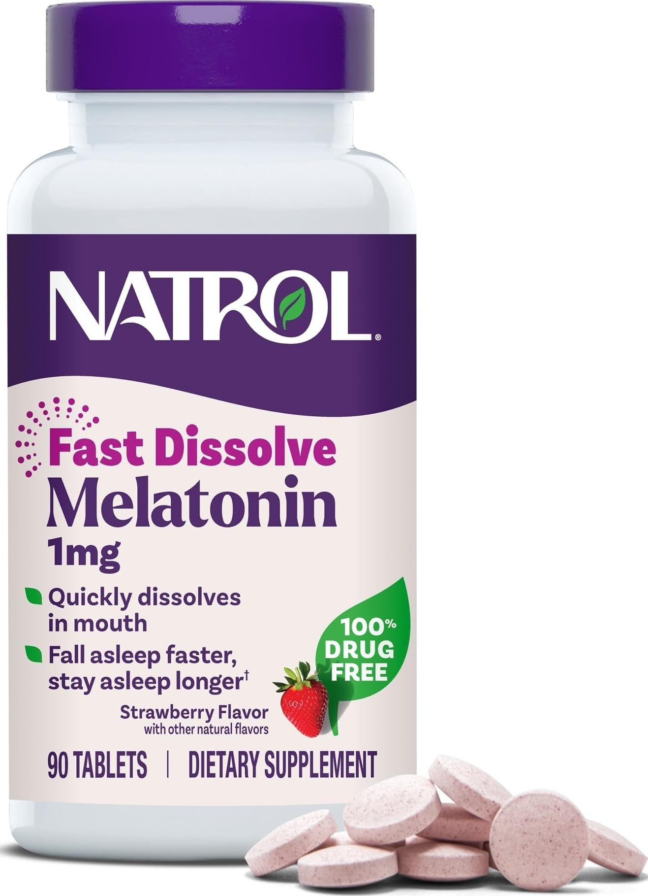 Natrol Melatonin 1 mg Fast Dissolve Tablets, Strawberry, 90 Count | Nighttime Sleep-Aid for Adults, 100% Drug-Free, Non-Habit Forming, For Occasional Sleeplessness, Supports Circadian Rhythm