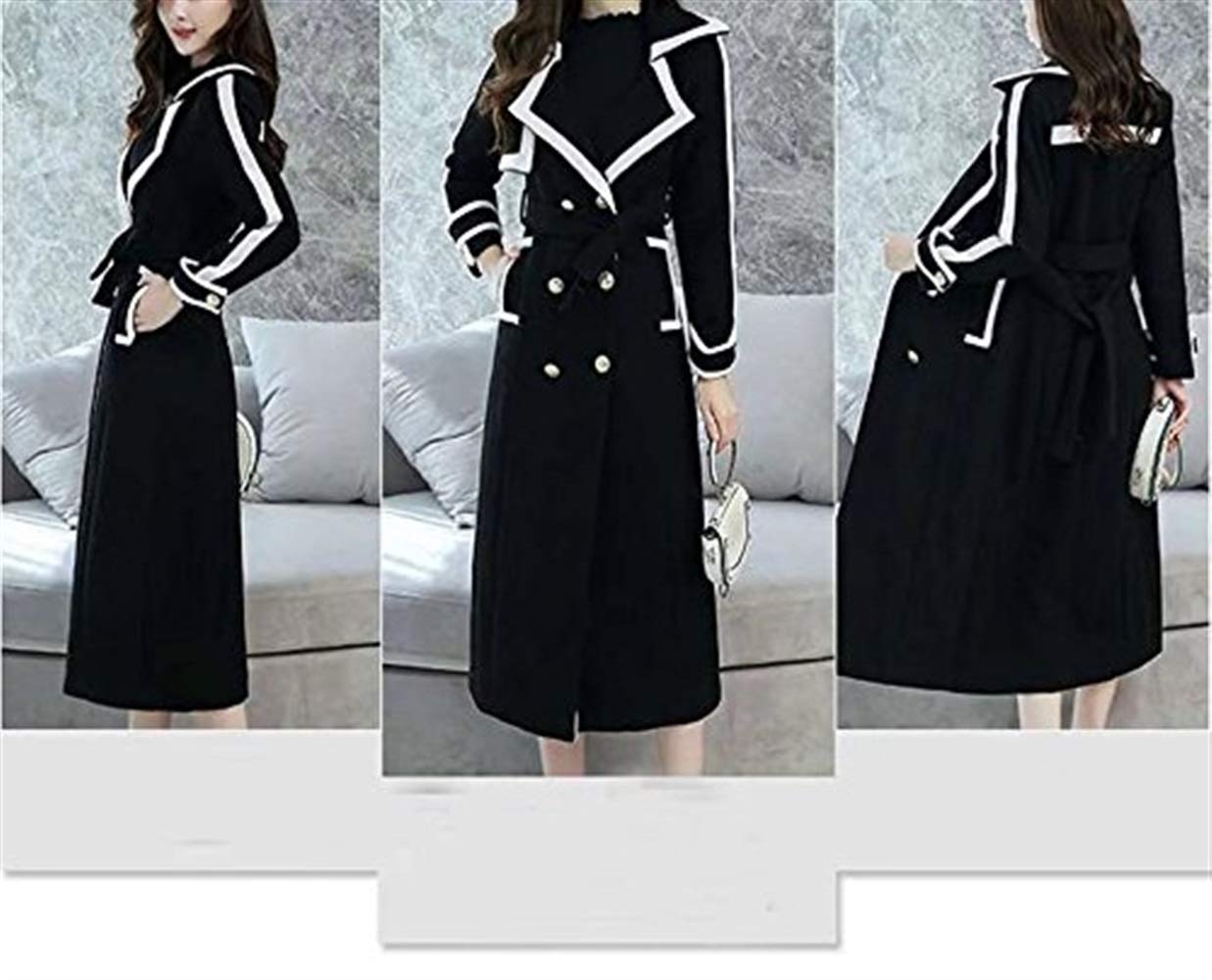 Huixin Płaszcz damski długi jesień zima elegancki mieszane kolory klapa długi rękaw retro trencz płaszcz slim fit modny nowoczesny styl damski klasyczny płaszcz płaszcz odzież wierzchnia, Czarny, M