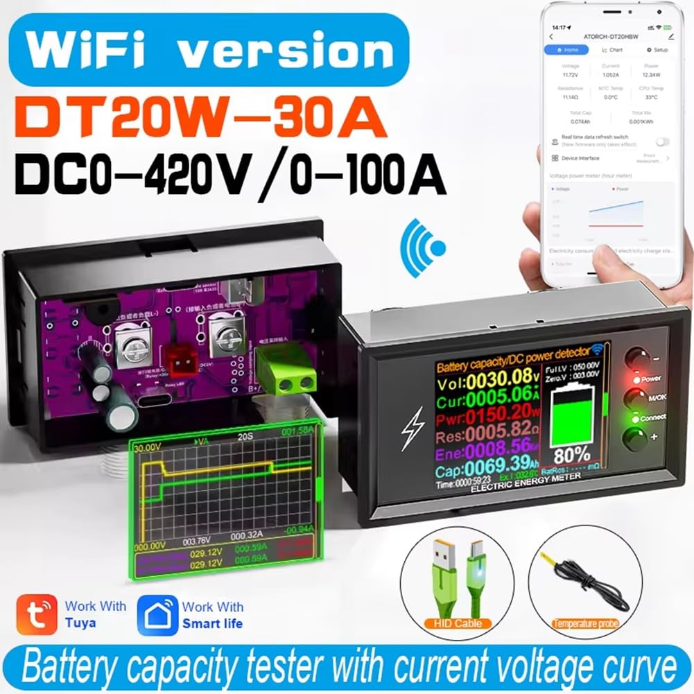 Probador de Capacidad de Batería de Litio Inteligente DT20W 0-420 V Tuya WiFi, Medidor de Potencia Coulomb, Voltaje y Corriente CC de 30 A