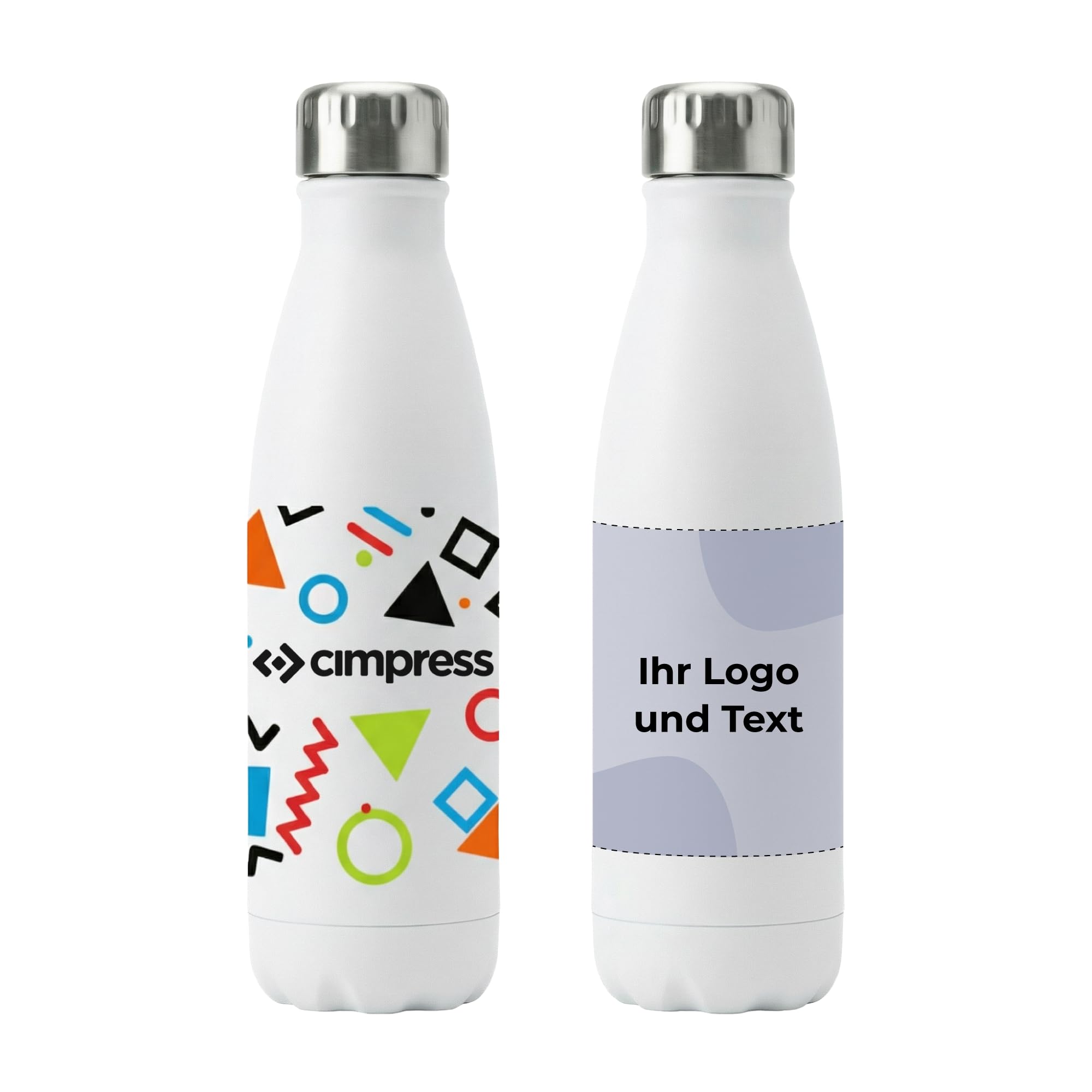 Personalisierte Trinkflasche aus Edelstahl, 473 ml, doppelwandig, BPA-frei, mit deinem Foto, Logo oder Text, 50er-Pack, Chrom/Weiß, Thermoflasche für Arbeit, Events und Unternehmen