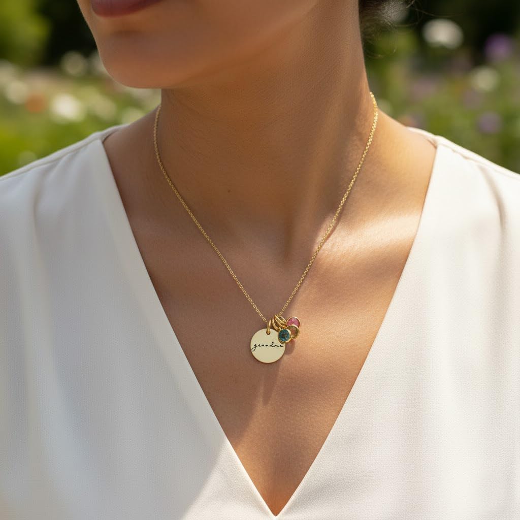 Personalized Gift Custom Gold Disc Mom Necklace Grandma Gifts Birthstone Necklace for Mom Mama Nana Gigi Mimi Birthday Gift Anniversary