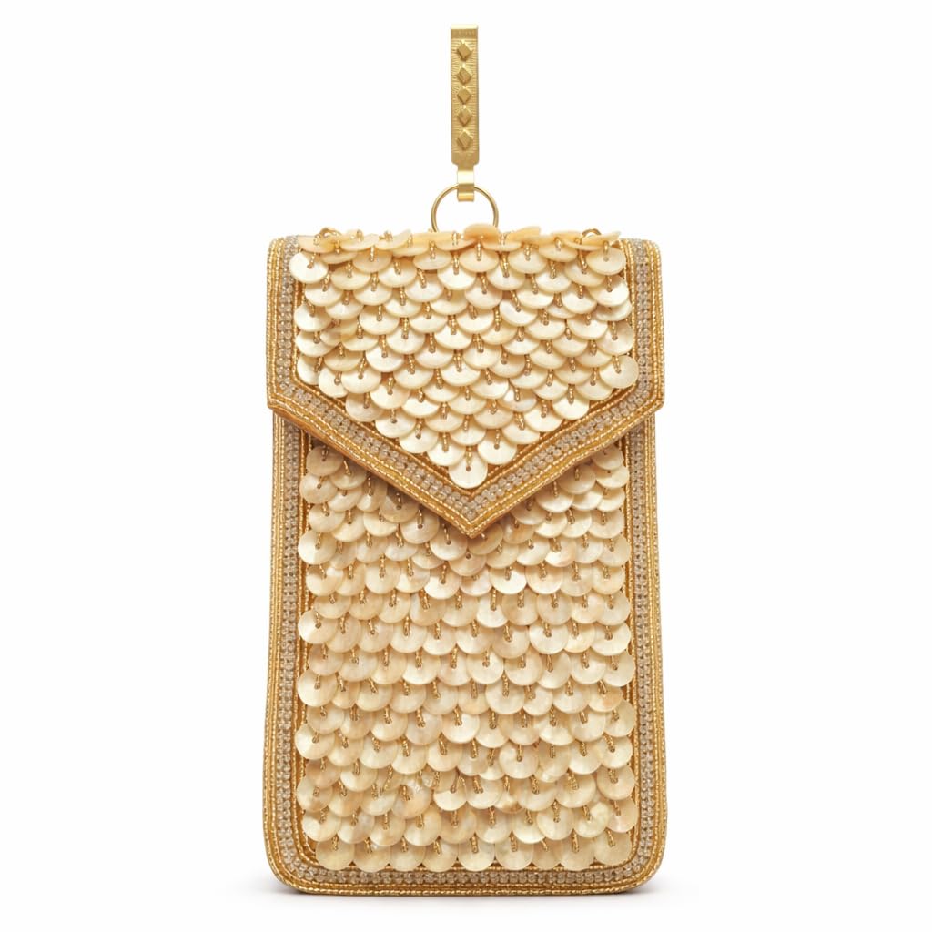 DMS RETAIL Handmade Golden Pearl Sequin Mobile Pouch for Women | Ethnic Tritional Mobile Cover | Designer Mobile Cover for Wedding & Festival-image-4