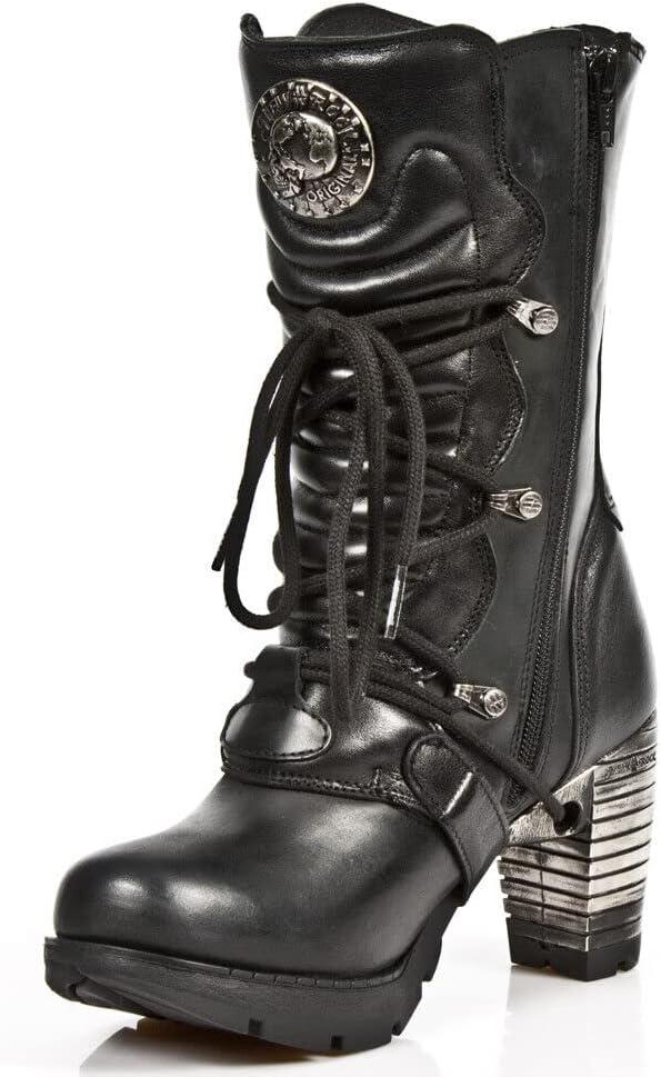 New Rock Boots TR003-S1 Ladies Metallic Black Leather Biker Heel Goth Punk Shoes Ankle Fashion Boots 38