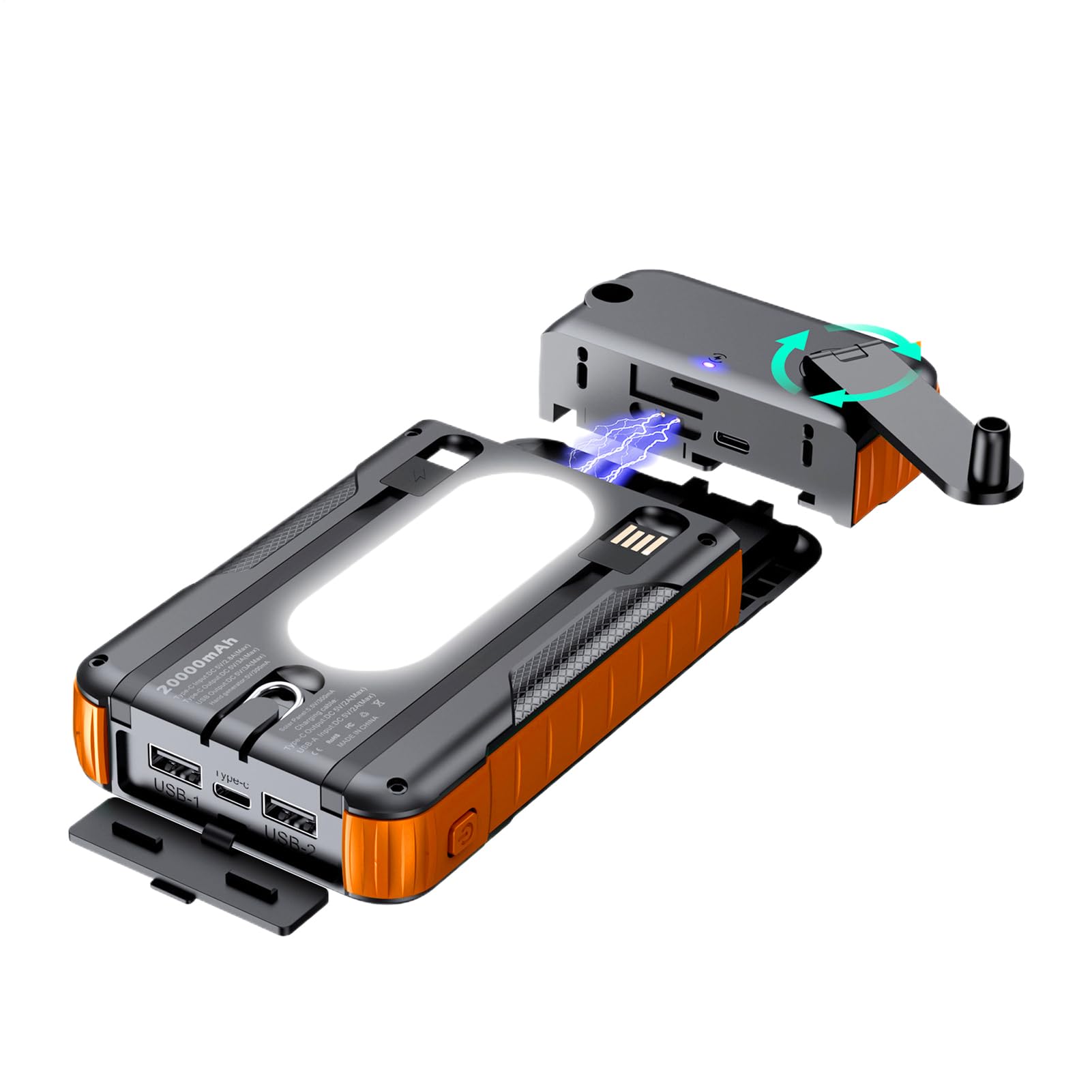 Caricatore Solare Power Bank Batteria da 20000mAh per Sopravvivenza | Power Bank Solare Con Manovella Per Telefono per Fotocamera Tablet Escursionismo Viaggio Road Trip Pesca Zaino in Spalla