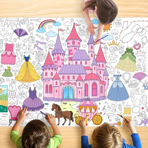 JOYGATHER Princess Coloring Tablecloth for Kids Giant 30x72 Inch Poster with Castles Crowns Fairy Tale Icons Perfect for Girls Princess Party Games Royal Decorations Celebration Supplies