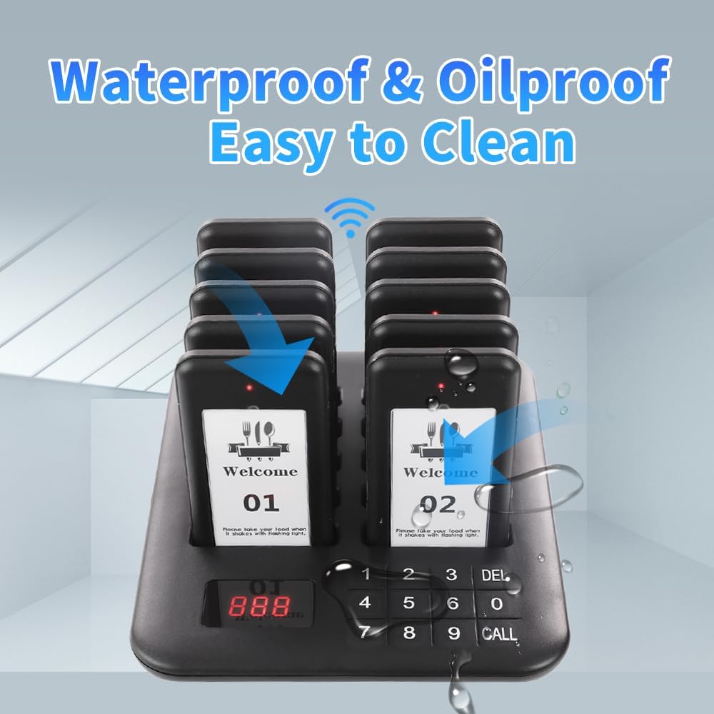 Restaurant Pager System, 10 Wireless Pagers, Touch Keyboard Calling Customers Waiting Beepers with Vibration Flash and Buzzer for Queue in Food Trucks Churches Bar Shop Hotels Eatery