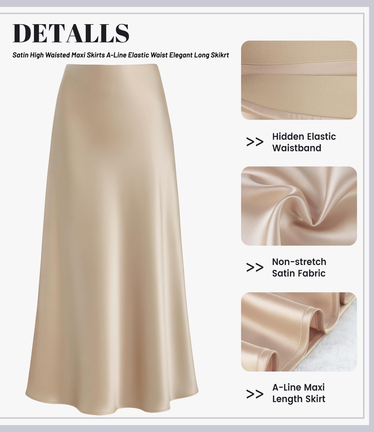Outoshe Maxirock für Damen, aus Satin, hohe Taille, versteckter elastischer Bund, A-Linie, langer Rock