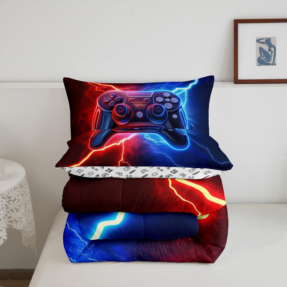 Loussiesd Zestaw kołder dla graczy, dla graczy, dla chłopców, dziewcząt, nastolatków, nowoczesny kontroler konsoli do gier, zestaw pościeli, joystick, dekoracja pokoju, czerwona niebieska kołdra,