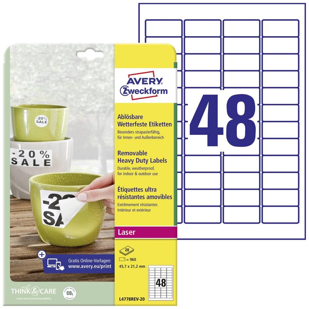 AVERY Zweckform L4778REV-20 Wetterfeste Folienetiketten (960 Aufkleber, 45,7x21,2mm auf A4, selbstklebend, wasserfest, wiederablösbar, strapazierfähig, bedruckbare Outdoor Klebefolie) 20 Blatt, weiß