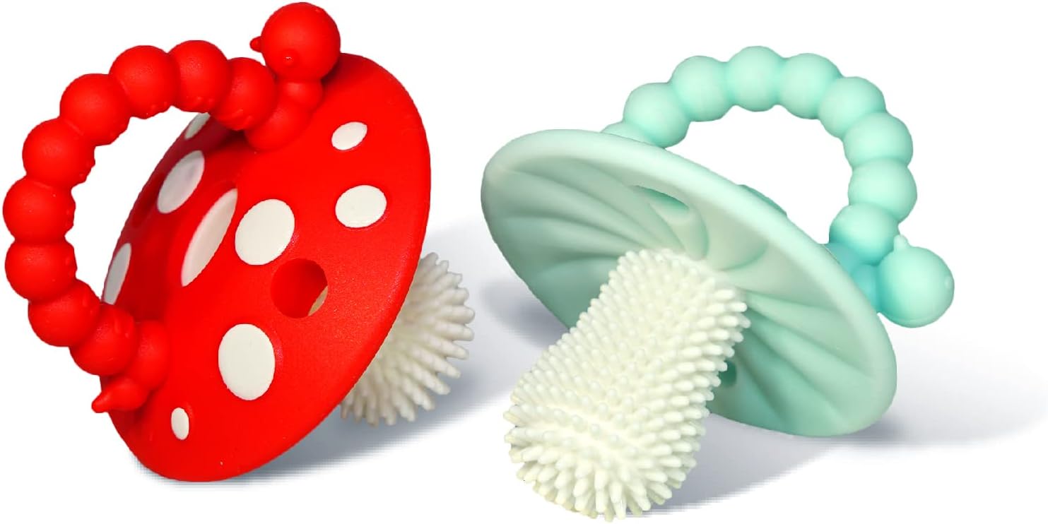 RaZbaby Chompy Teether for Infant & Baby 3M+ Teether Toy with Massaging Bristles for Teething Relief Pacifier - Soothes Sore Gums - Hands-Free & Easy-to-Hold Teether, BPA Free - RED/Blue