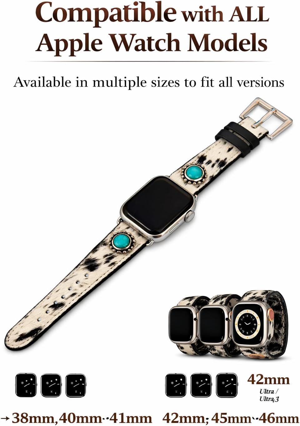 Western Cowhide Leather Apple Watch Band with Turquoise Concho, Hair-On Leather Strap, Silver Buckle, Fits Apple Watch Series 1–10, SE & Ultra (38mm–49mm) - Image 4