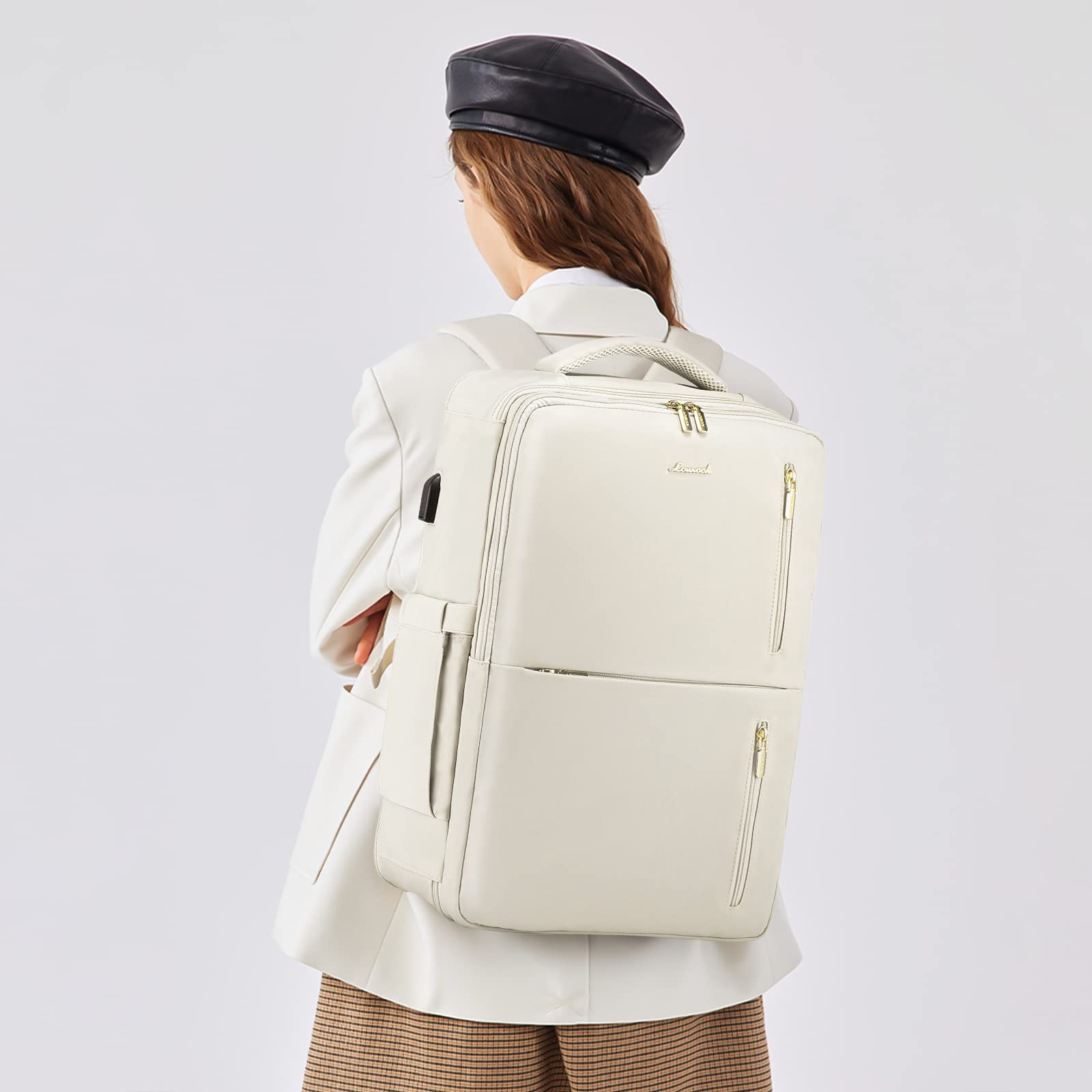 LOVEVOOK Sac à Dos Voyage Femme Homme Sac A Dos Cabine Avion extensible 25-35L Grand Sac à Dos Bagage à Main Sac à Dos Ordinateur Portable 17 Pouces Imperméable Sac Ados Beige